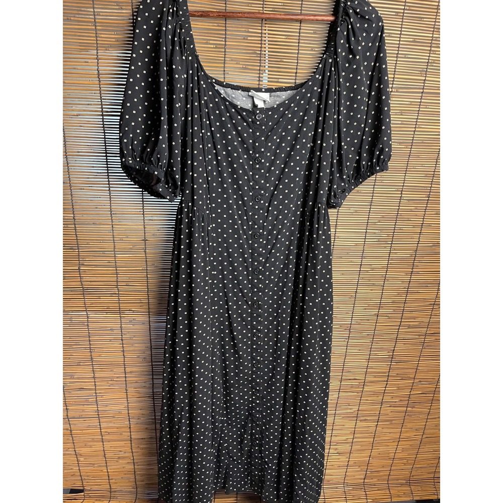 Ava & Viv Black White Geometric Diamond Puff Sleeve Button Front Midi Dress 1X